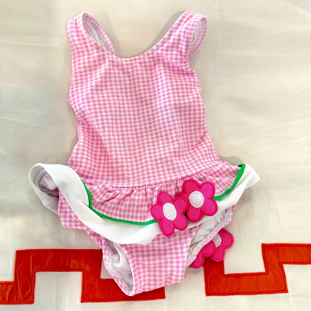Florence Eiseman Pink gingham swimsuit with flower size 12m